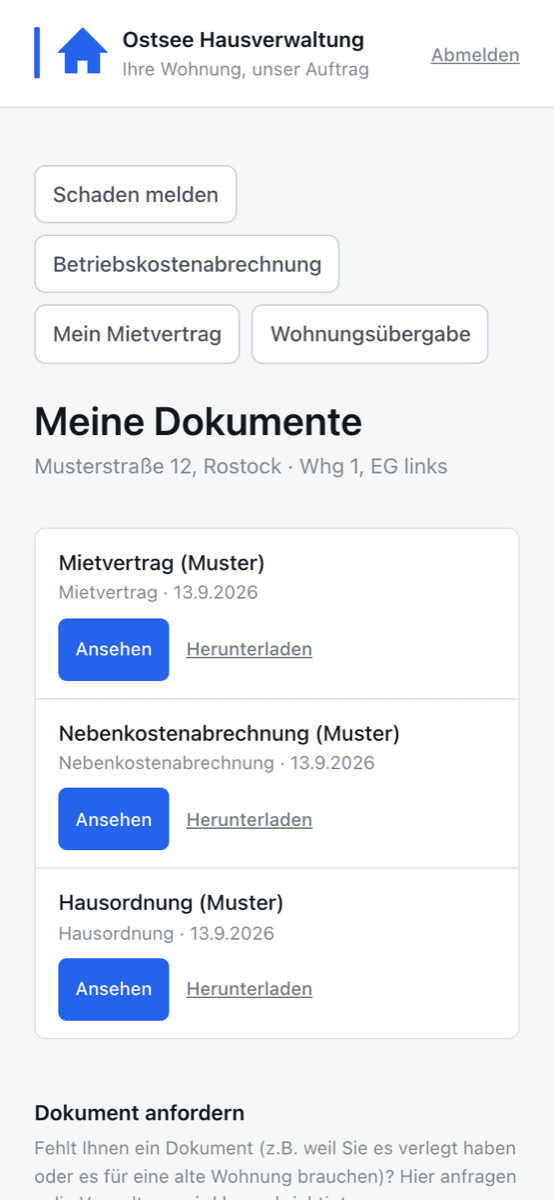 Die Dokumente eines Mieters im Portal am Handy