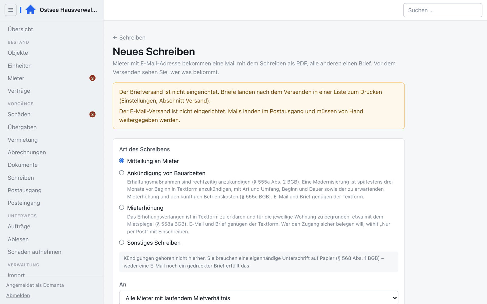 Ein neues Schreiben an Mieter im Programm